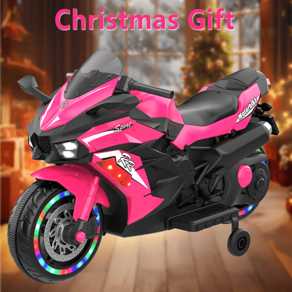 12V Ride On Motorcycle for Kids, 110Lbs Load, Electric Kids Motorcycle with LED, Bluetooth, Music, Pink