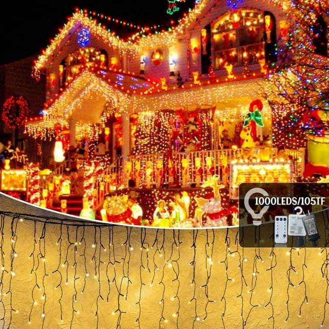 Cheelom Fairy String Party Decoration Lights Christmas Icicle Lights Outdoor Indoor 105ft 1000 Led 8 Modes with 50 Drops Plug In Waterproof Timer Memory Function Clearance Sales