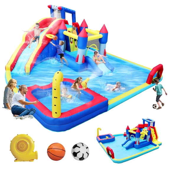 Cheelom Inflatable Bounce House, Playground Sets for Kids Backyard, Water Spray & Water Pool for Age3+， 227"*205"*97"