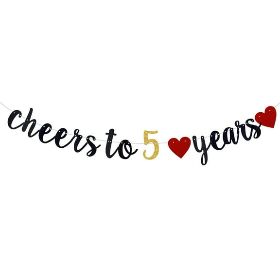 Cheer to 5 Years Banner, Black Gliter Little Girls/Boys Kids' 5th Birthday Party/The 5th Wedding Anniversary/Party Paper Sign Decorations (Pre-Strung)