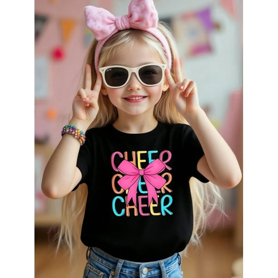 Cheer And Pink Bow Patterned Iron-On T-shirt With 100% Cotton Fabric,Suitable for Boys And Girls,Size From 3T-13Y,Ideal Gift for Kids