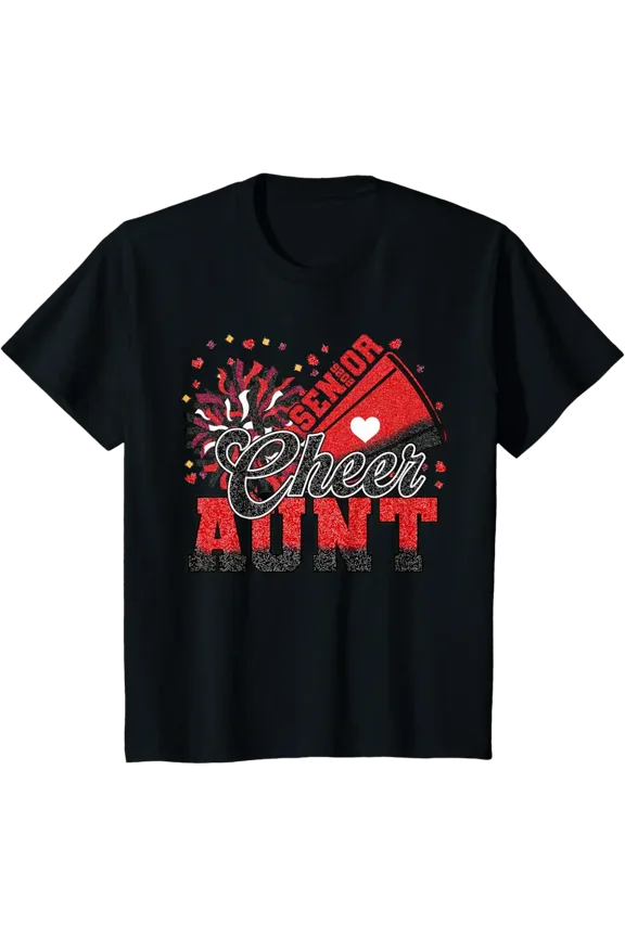 Cheer Aunt Senior 2026 Red Glitter Megaphone Graphic Short Sleeve T-Shirt