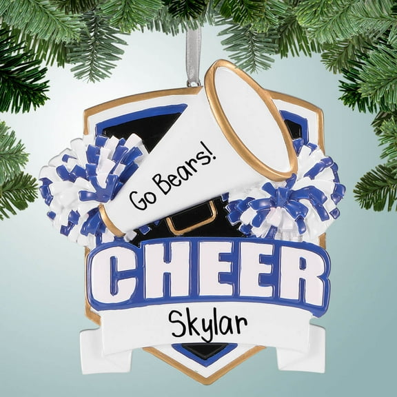 Cheer Banner with Megaphone - Blue Christmas Ornament - Cheerleader - High School - Spirit - Dance Team - Drill Team - Sports