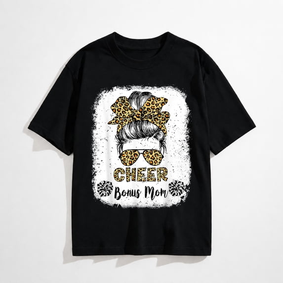 Cheer Bonus Mom Leopard Messy Bun Cheerleader Bleached T-Shirt