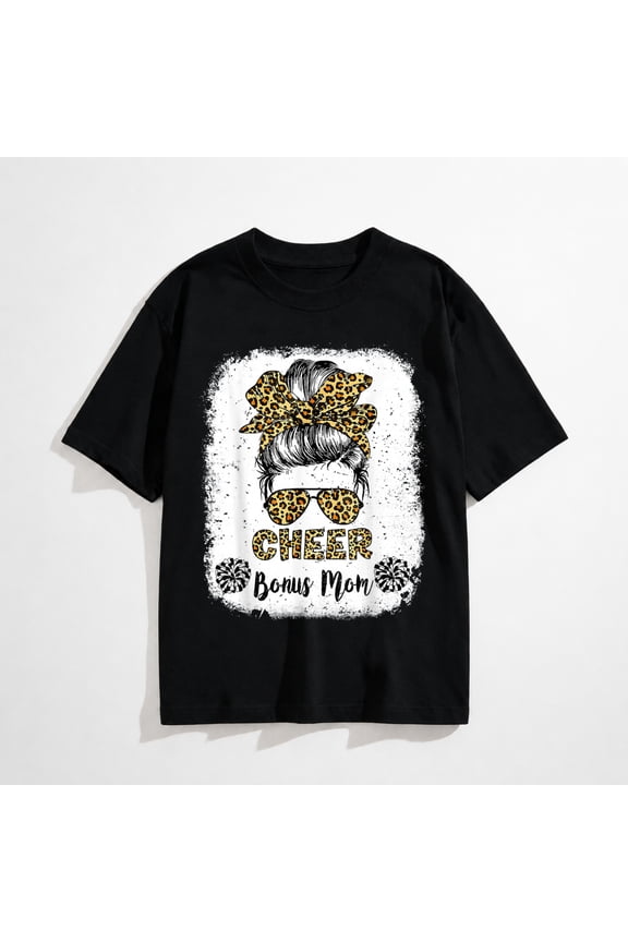 Cheer Bonus Mom Leopard Messy Bun Cheerleader Bleached T-Shirt