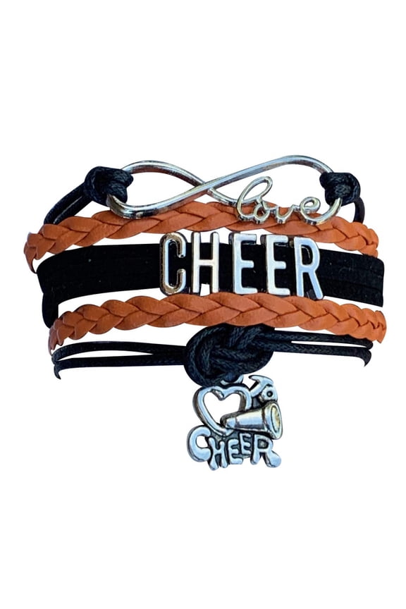 Cheer Bracelet - Cheerleading Charm Infinity Bracelet - Cheer Jewelry for Cheerleader, Cheer Team, or Team (Black, Orange)
