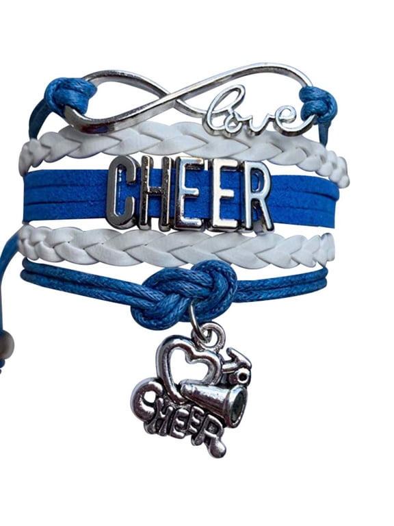 Cheer Bracelet - Cheerleading Charm Infinity Bracelet - Cheer Jewelry for Cheerleader, Cheer Team, or Team (Blue, White)