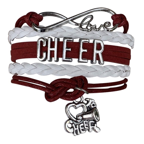 Cheer Bracelet - Cheerleading Charm Infinity Bracelet - Cheer Jewelry for Cheerleader, Cheer Team, or Team (Maron, White)