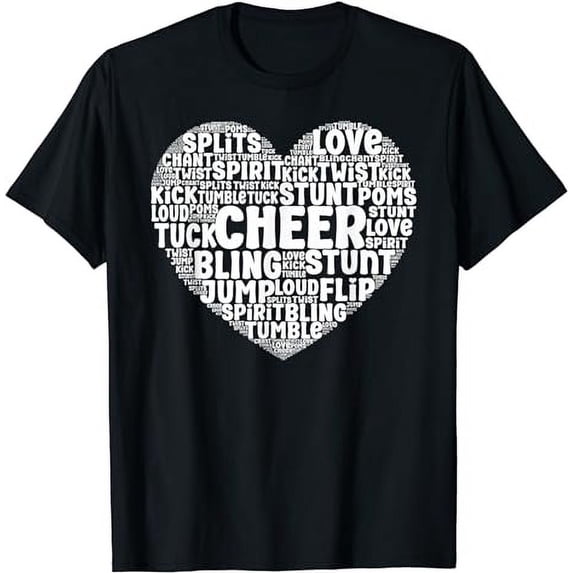 Cheer Cheerleading Heart Word Cloud Tuck Love Splits Poms T-Shirt