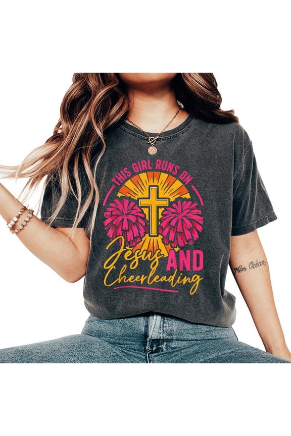 Cheer Cheerleading Jesus Faith Christian This Person Runs On T-Shirt