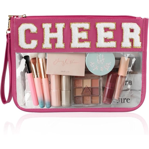 Cheer Chenille Letter Bags Clear Makeup Bag, Cheerleader Gifts  Bag, Varsity Preppy Patch Flat Pouch Cheer Accessories,  PVC Organizer Toiletry Bag for Women Girls