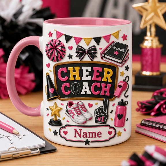 Cheer Coach Mug Personalized with Name, Custom Coffee Cup Gift for Cheerleading Coach