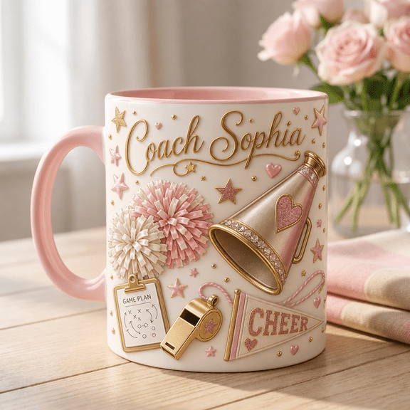 Cheer Coach Mug with 3D Effect Personalized Name Pom Poms Megaphone Gift