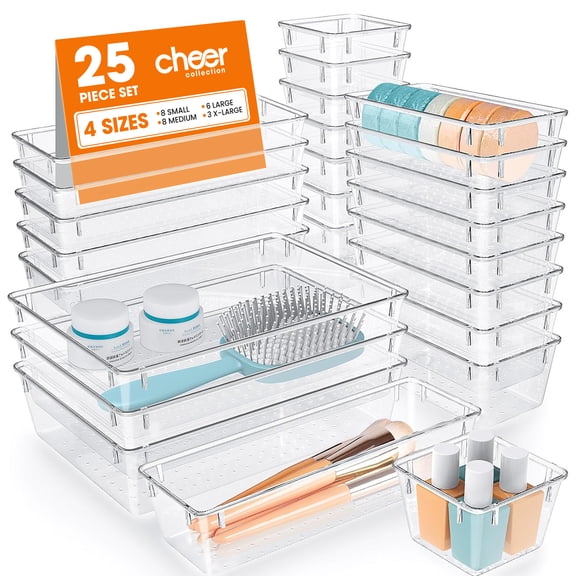 Cheer Collection 25-Piece Clear Drawer Organizer Set Stackable Acrylic Bins in 4 Sizes