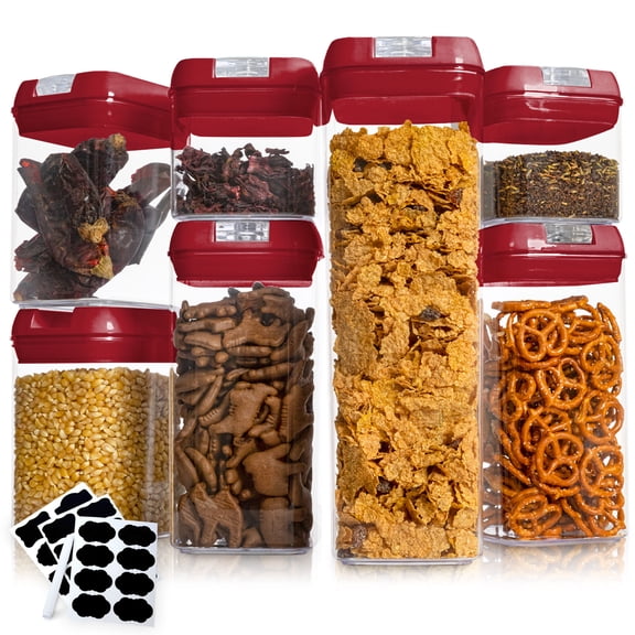Cheer Collection Airtight Food Storage Containers Includes Dry Erase Marker and Labels, Set of 7 - Red