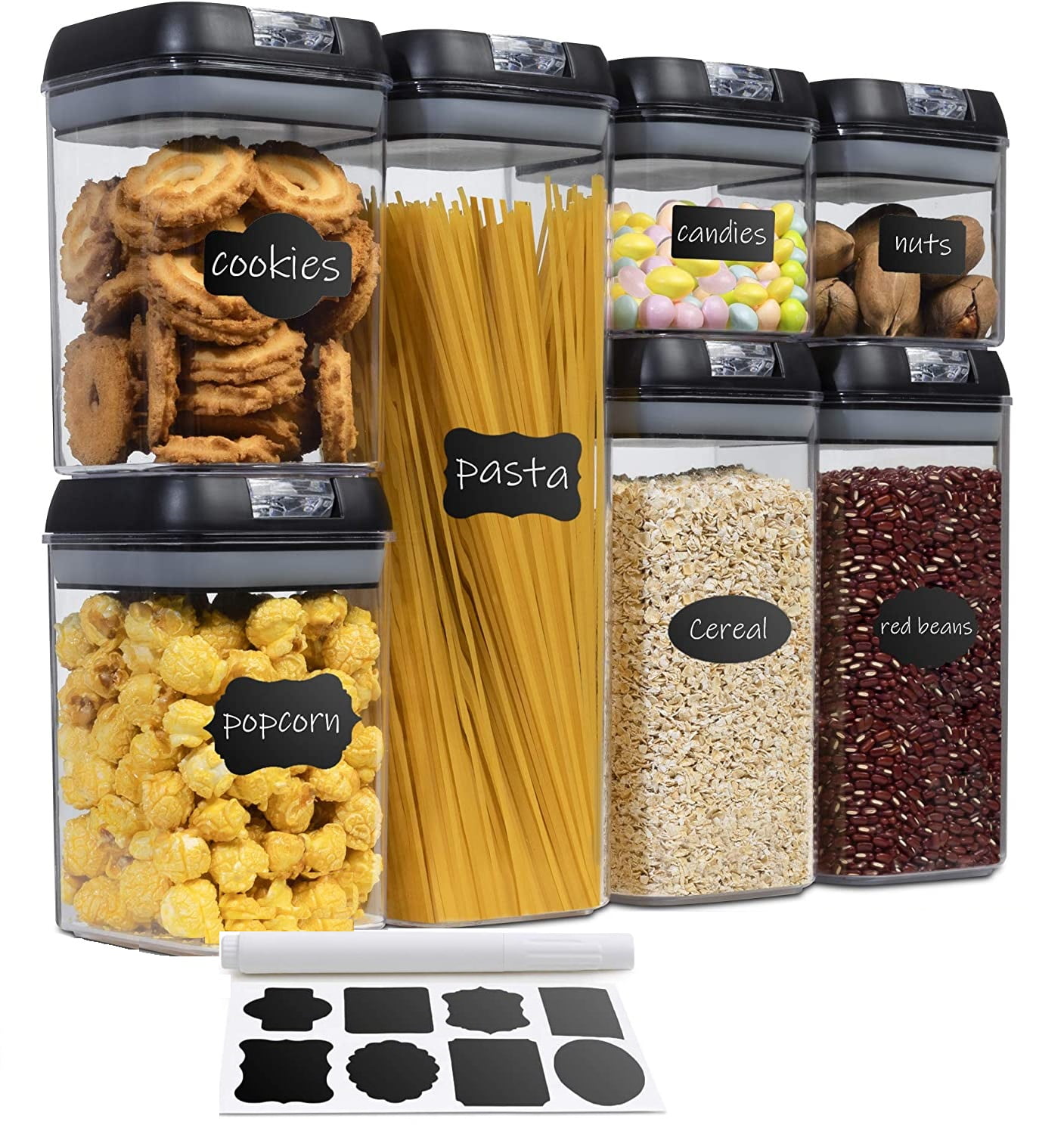 Cheer Collection Airtight Food Storage Containers and Pantry Organizer Bins, Includes Dry Erase Marker and Labels, Set of 7 (Black)