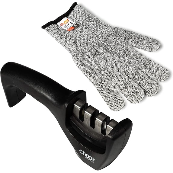 Cheer Collection Culinary Knife Sharpener, Professional 3-Stage Manual Knife Sharpening with Safety Glove