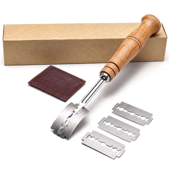 Cheer Collection Curved Bread Lame with Wooden Handle, Blades and Leather Cover