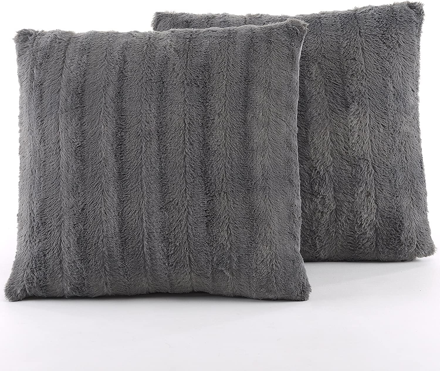 Luxurious Gray Faux Fur Square Throw Pillows Set of 2