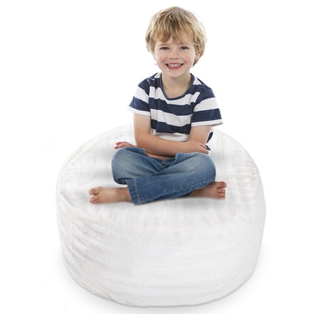 Cheer Collection Faux Fur Bean Bag and Stuffed Animal Storage Case, White
