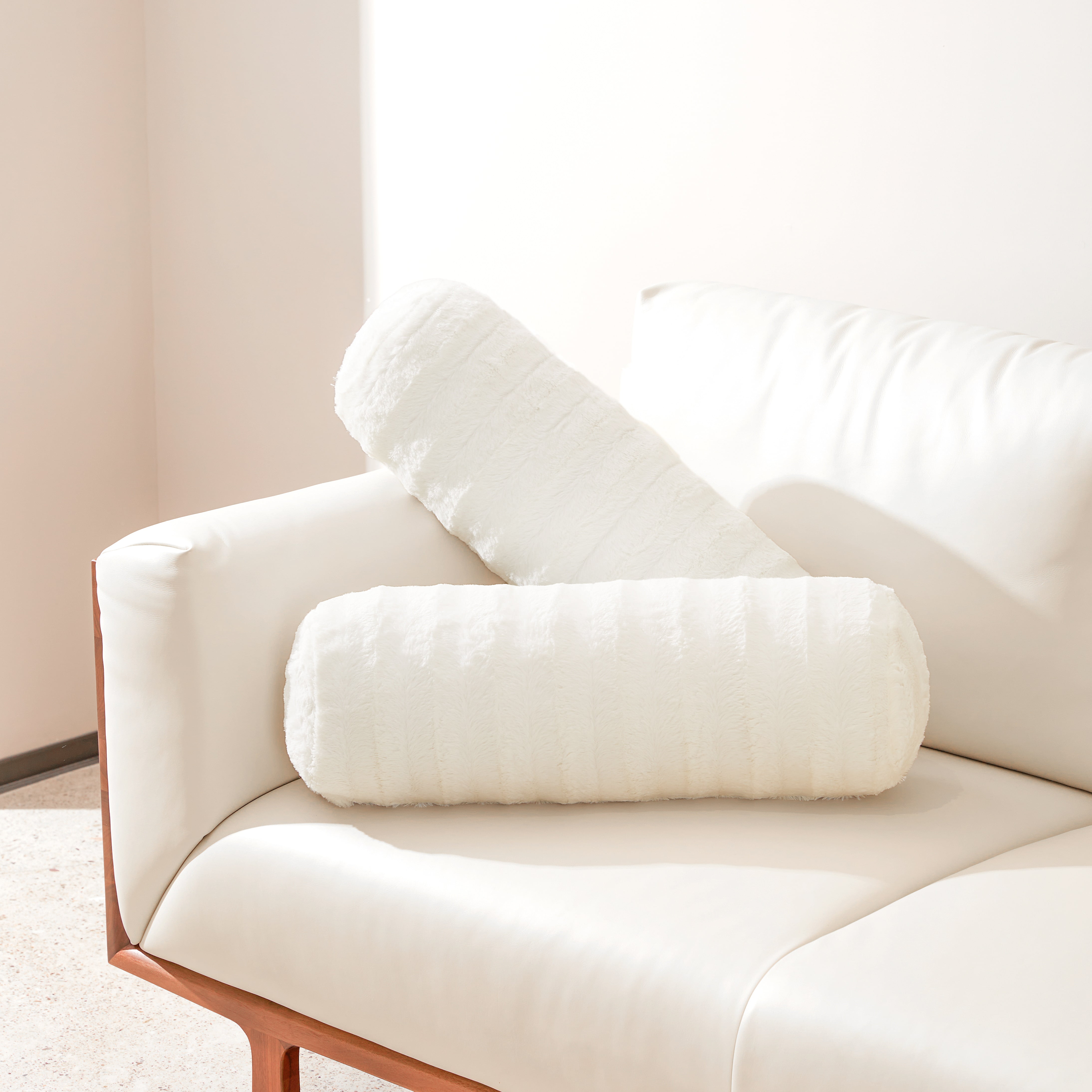 White Faux Fur Decorative Bolster Pillow Set of 2