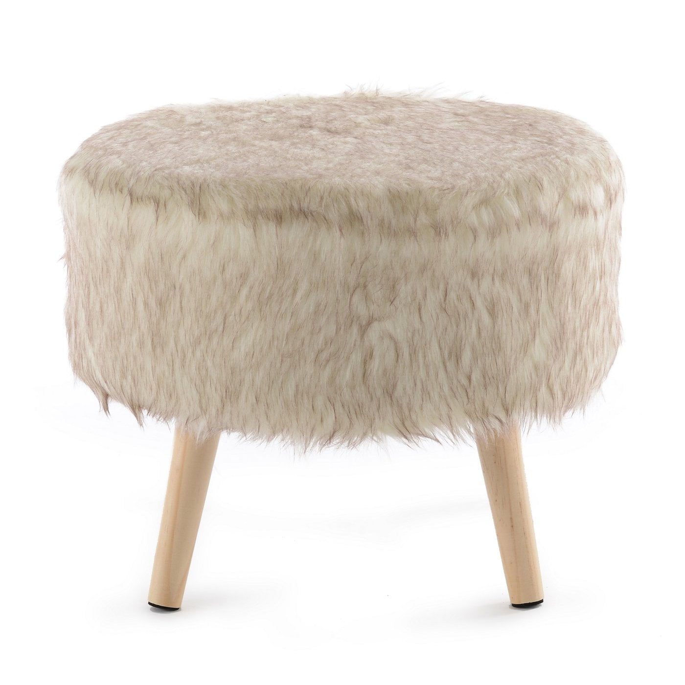 17" Beige Faux Fur Round Ottoman with Wooden Legs