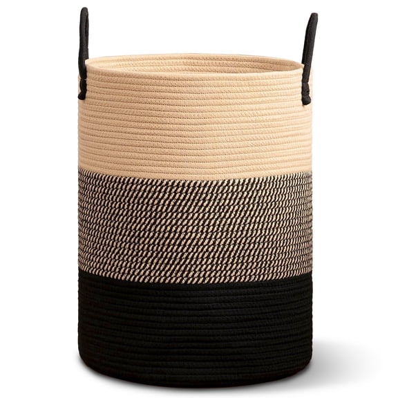 Cheer Collection Large Cotton Rope Laundry Hamper with Handles, 16 x 16 x 22, 3 Tone Black/Gray/Tan