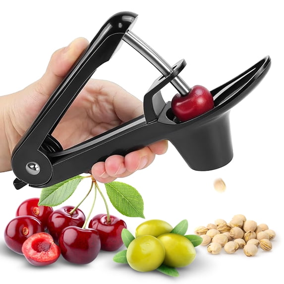 Cheer Collection One Hand Cherry and Olive Pitter with Splash Guard and Locking Handle, Black