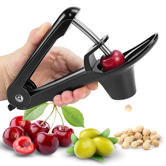 Cheer Collection One Hand Cherry and Olive Pitter with Splash Guard and Locking Handle, Black