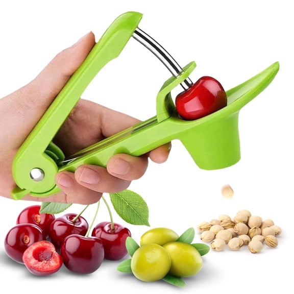 Cheer Collection One Hand Cherry and Olive Pitter with Splash Guard and Locking Handle, Green