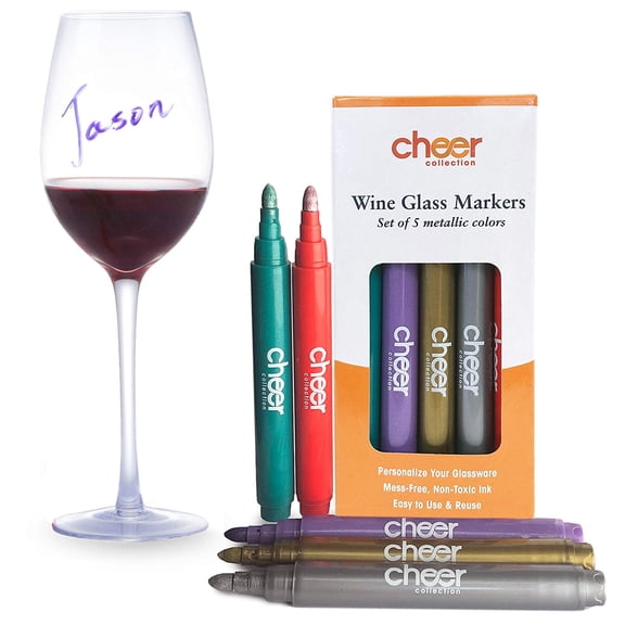 Cheer Collection Pack of 5 Metallic Colors Wine Glass Markers