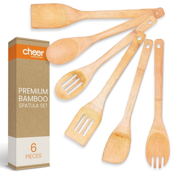 Cheer Collection Premium Bamboo Cooking Utensil Set – 6 Piece Non-Scratch Wooden Spatulas & Spoons for Kitchen