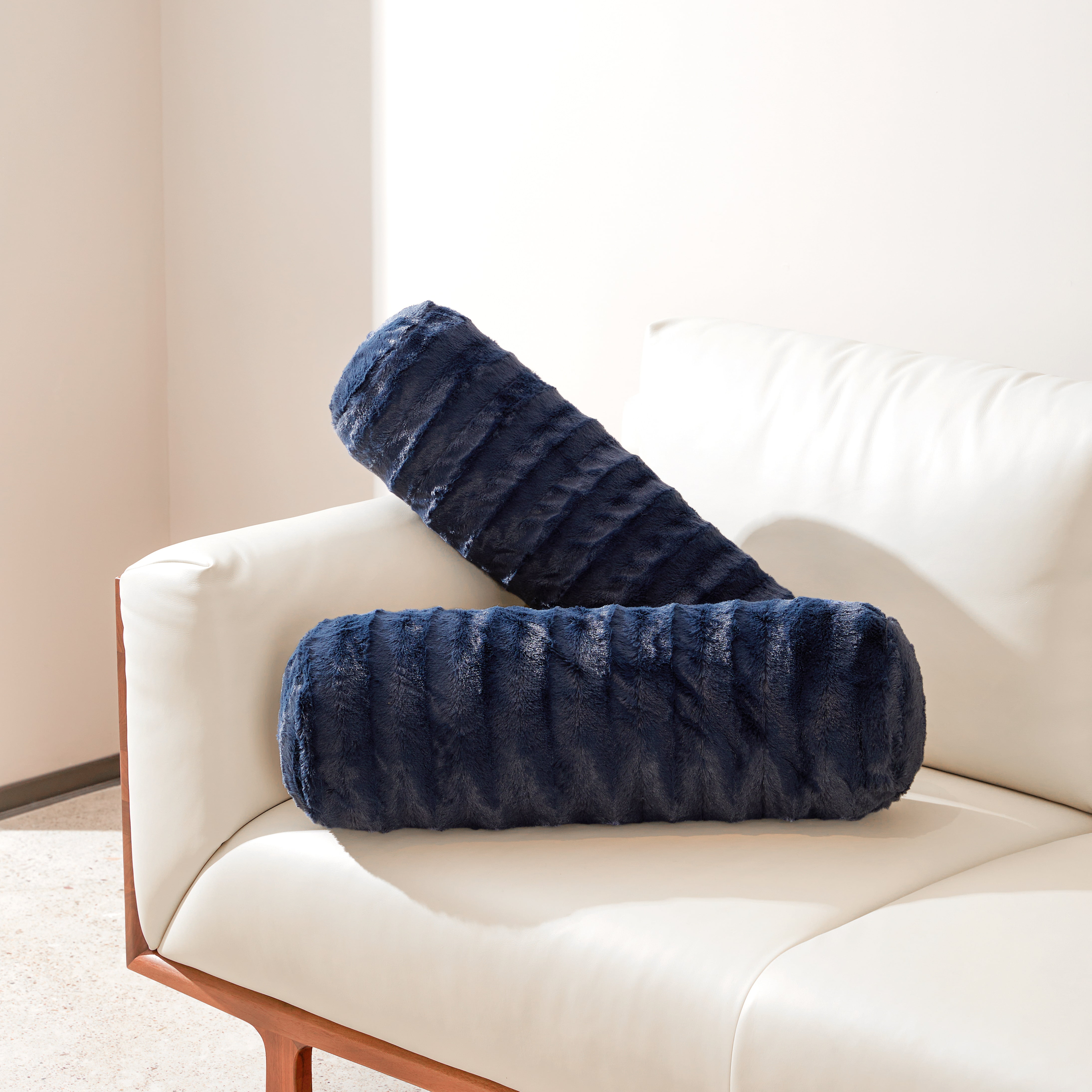 Blue Faux Fur Decorative Bolster Pillow Set of 2