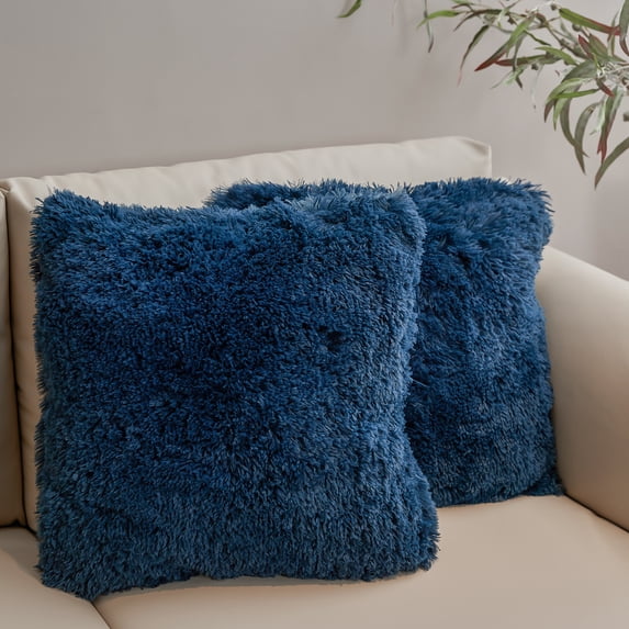 Cheer Collection Set of 2 Shaggy Hair Decorative Throw Pillows - 20x20, Navy Blue