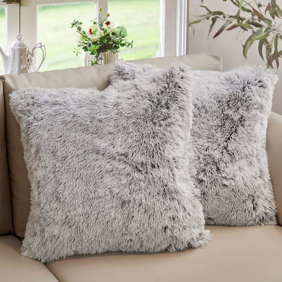Cheer Collection Set of 2 Shaggy Long Hair Throw Pillows - Gray