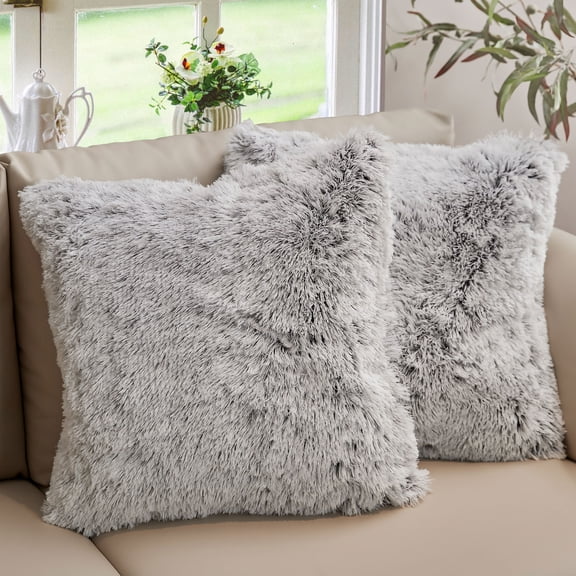 Cheer Collection Set of 2 Shaggy Long Hair Throw Pillows - Gray