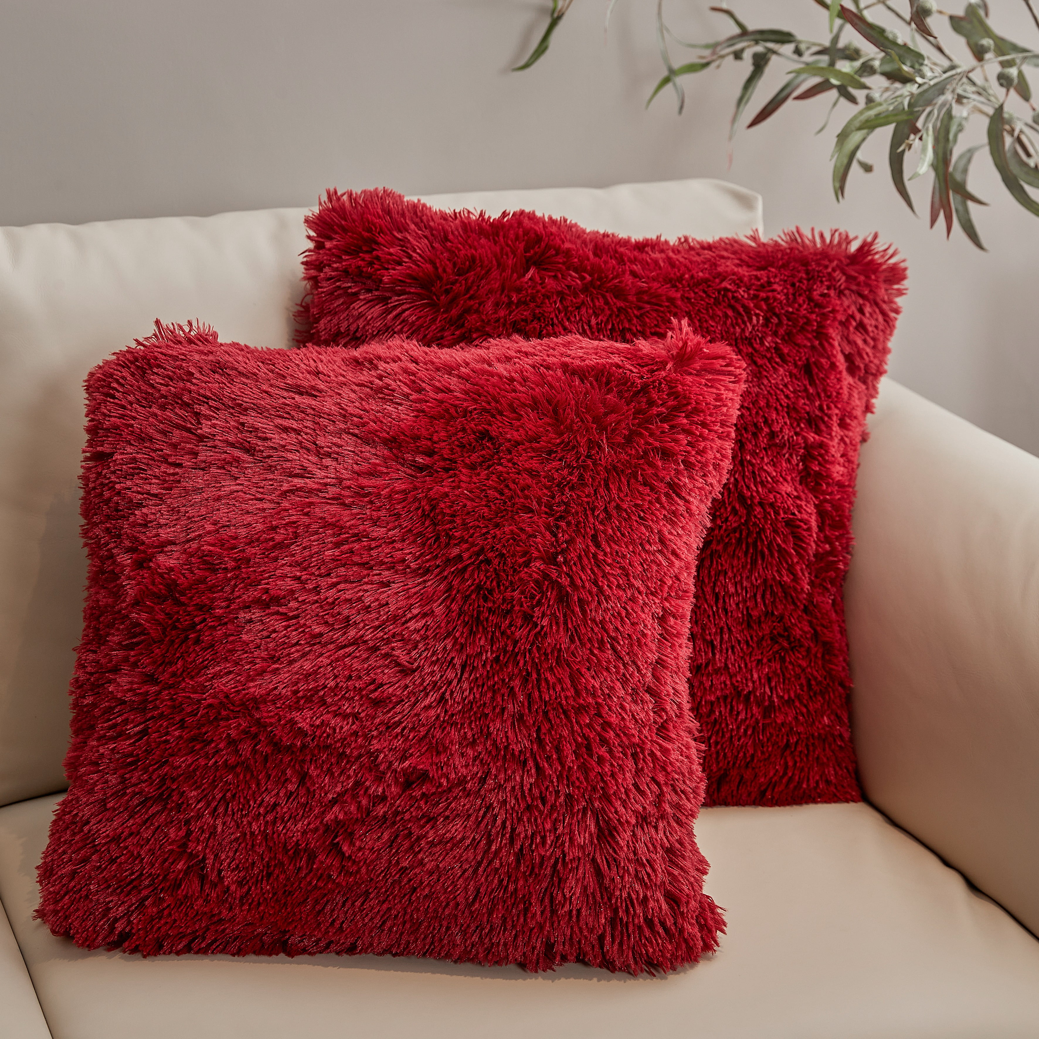 Maroon 18" x 18" Shaggy Faux Fur Throw Pillows Set