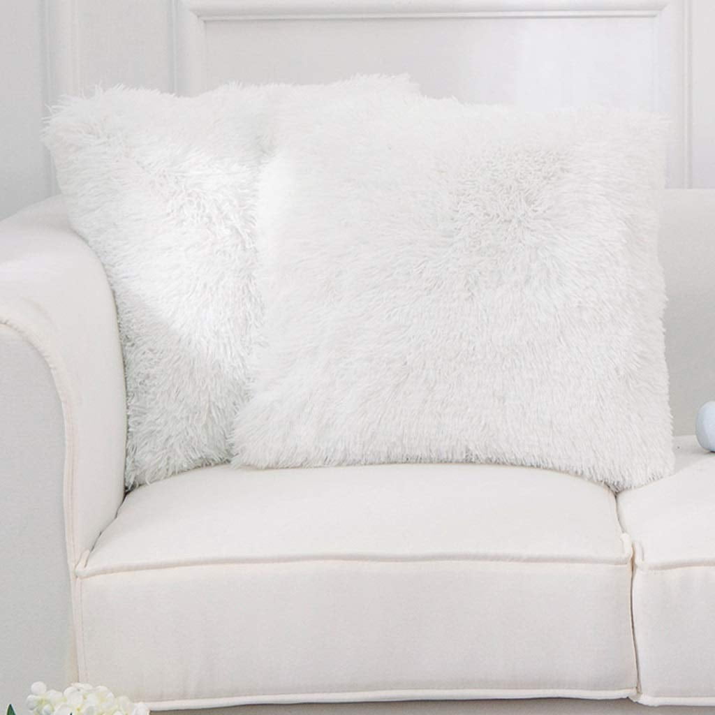 White Faux Fur Square Throw Pillow Set