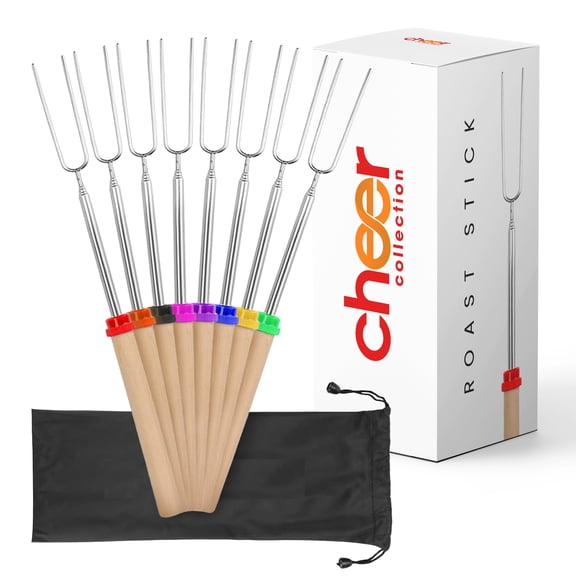 Cheer Collection Campfire Marshmallow Roasting Stick Kit - 32-Inch Extendable Fork Set with Storage Bag (Set of 8)