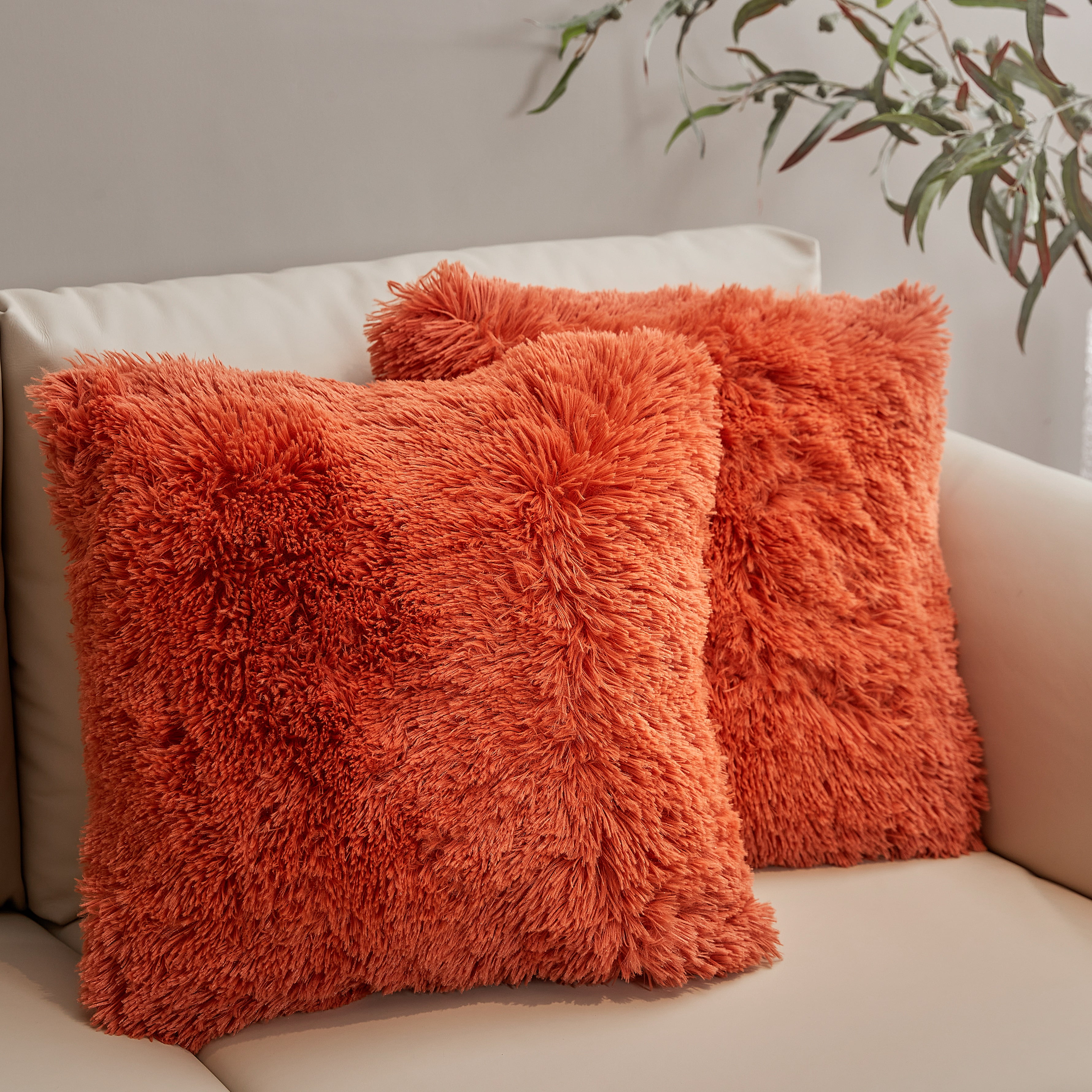 Rust Orange Shaggy Faux Fur Throw Pillows Set of 2