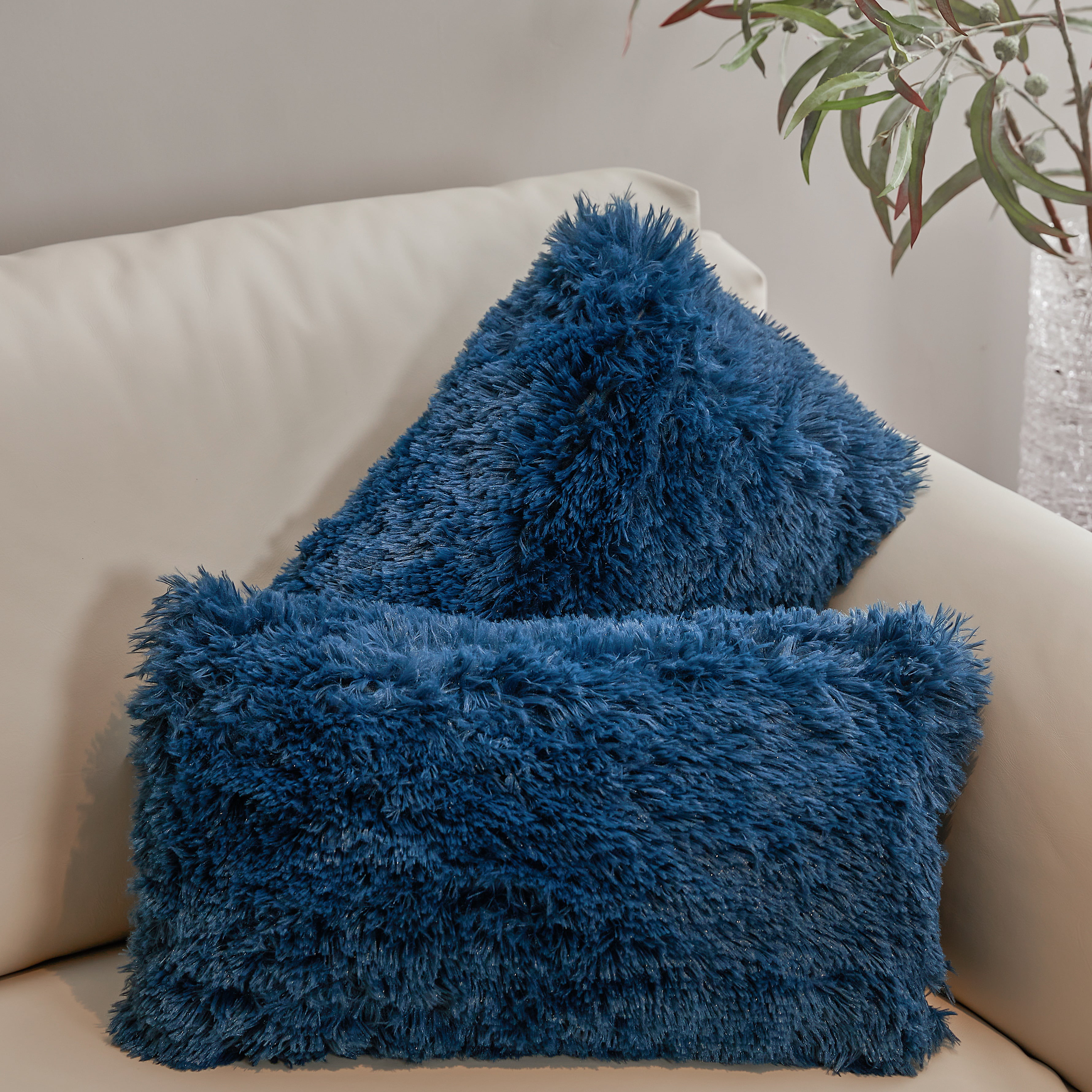 Navy Faux Fur Shaggy Throw Pillows Set of 2
