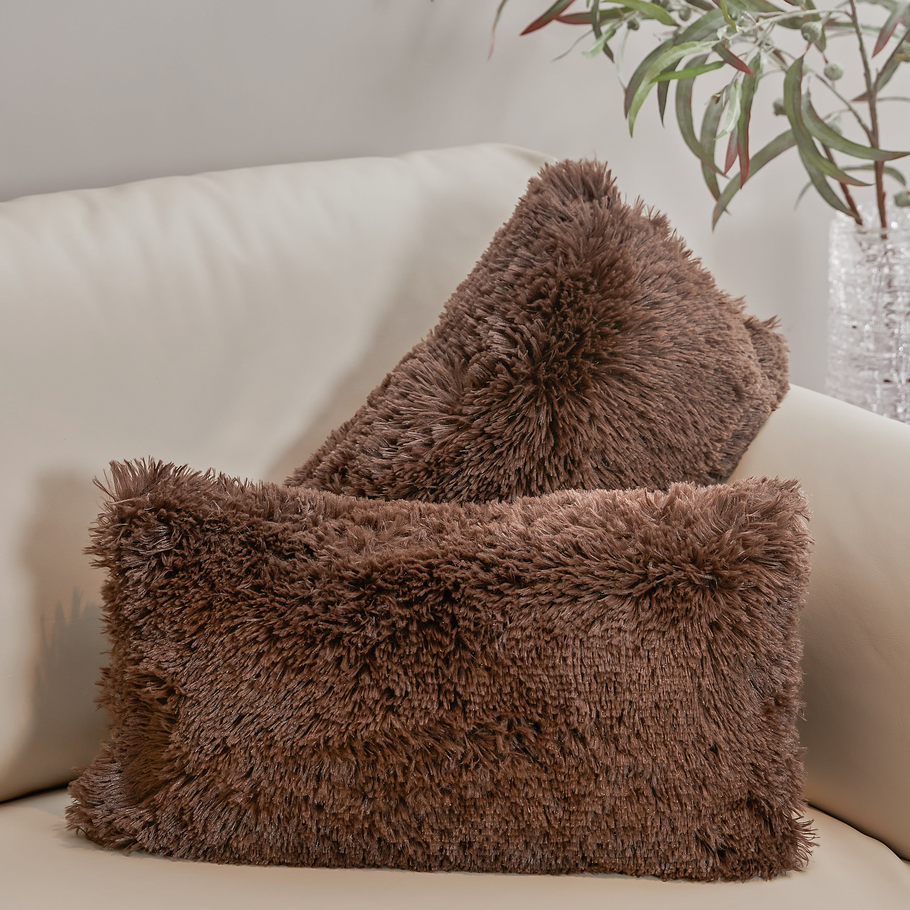 Chocolate Faux Fur Shaggy Lumbar Throw Pillows Set of 2