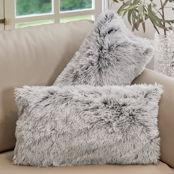 Cheer Collection Shaggy Long Hair Throw Pillows - Super Soft and Plush Faux Fur Lumbar Accent Pillows - 12 x 20 - Set of 2