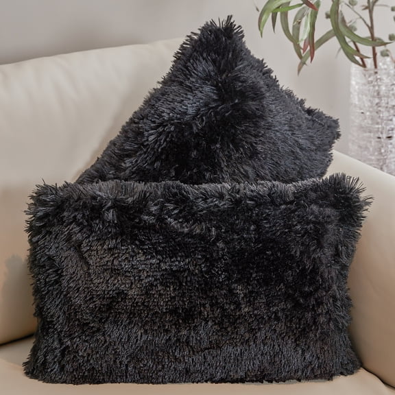 Cheer Collection Shaggy Long Hair Throw Pillows - Super Soft and Plush Faux Fur Lumbar Accent Pillows - 12 x 20 - Set of 2