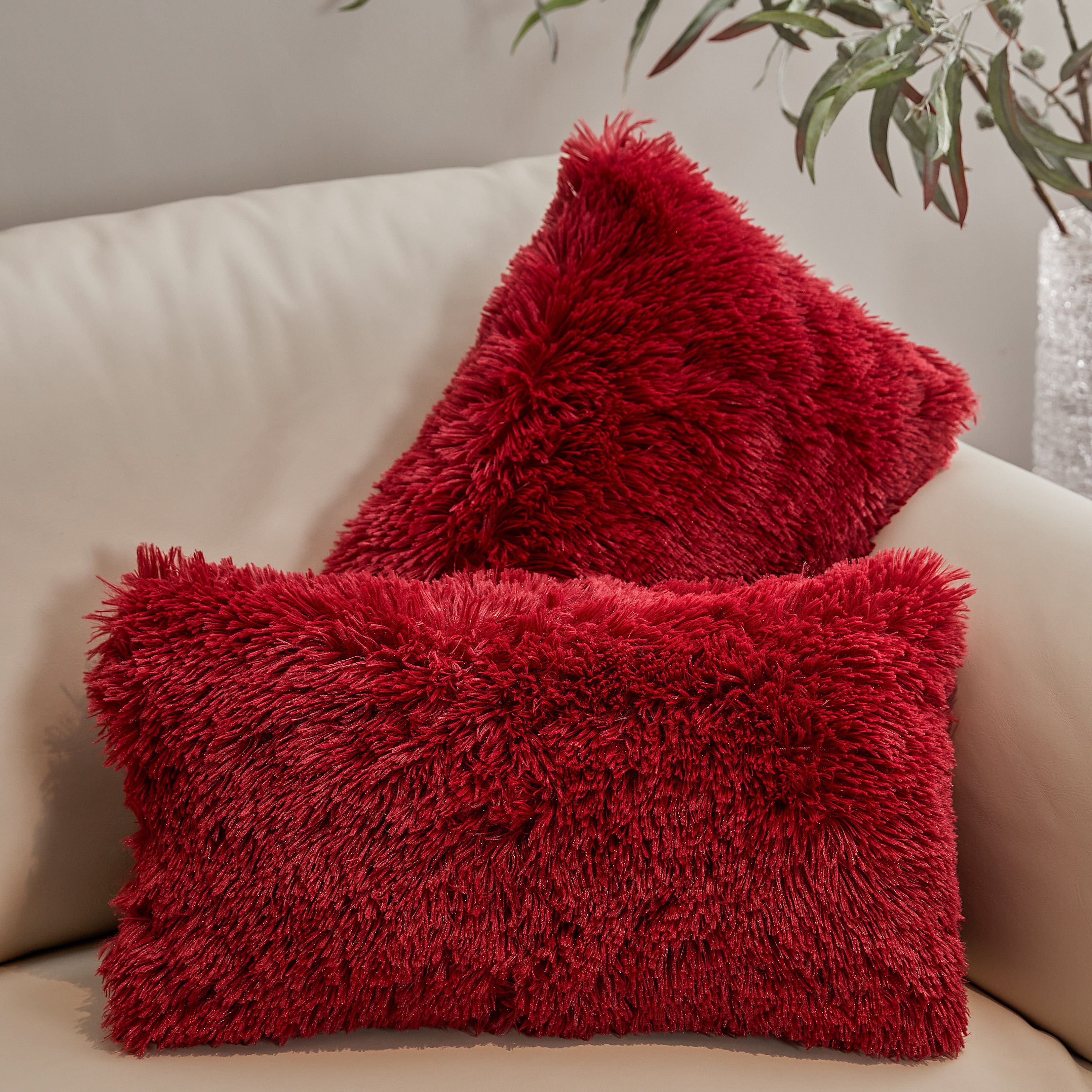 Maroon Faux Fur Shaggy Lumbar Throw Pillows Set of 2