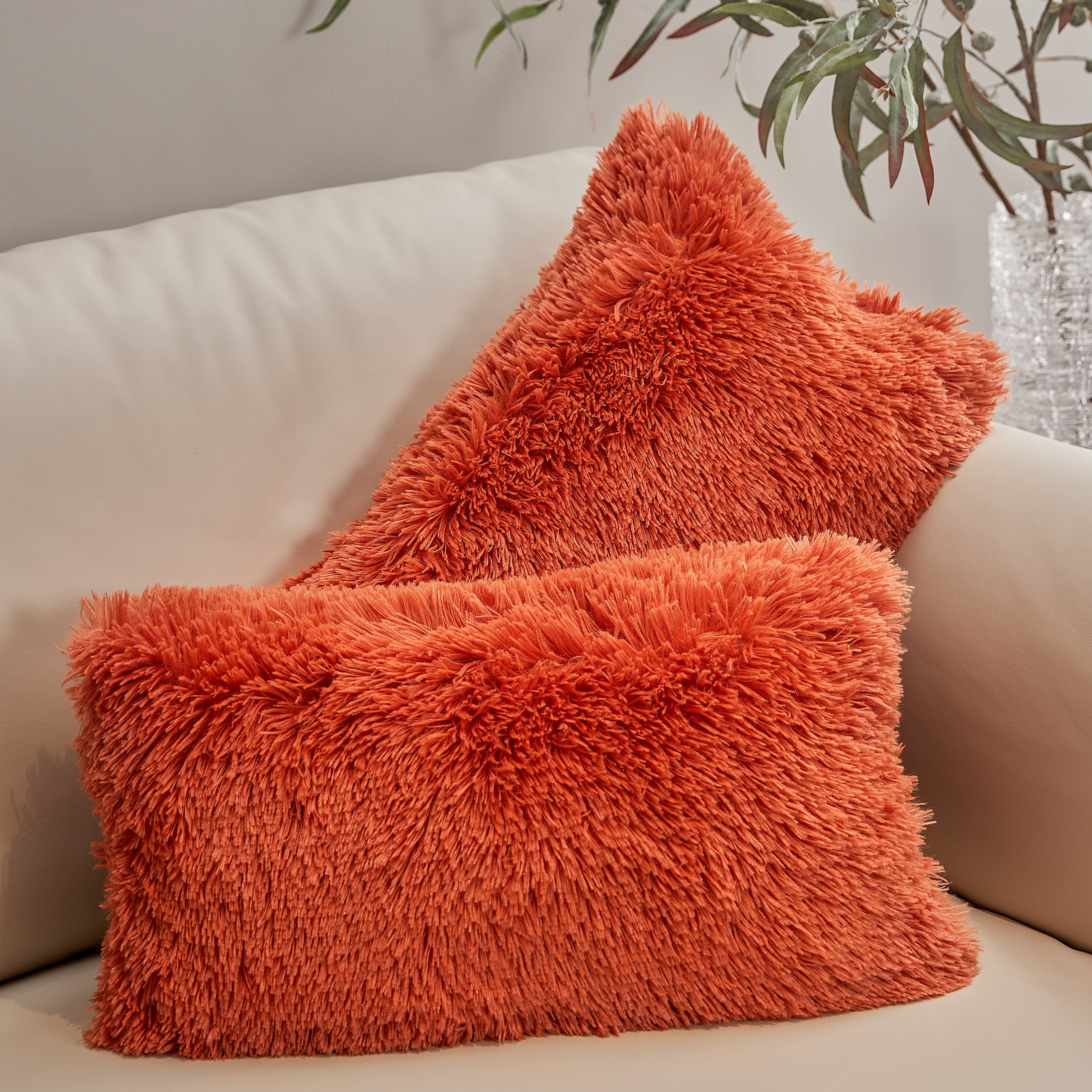 Rust Orange Shaggy Faux Fur Throw Pillows Set of 2
