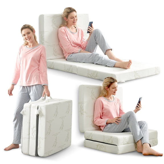 Cheer Collection Tri-Fold Futon Mattress for Guests with Soft Bamboo Washable Cover, 75" x 31" x 4"