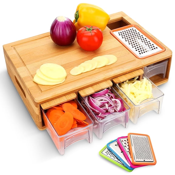 Cheer Collection Bamboo Cutting Board with 4 Storage Trays, 4 Graters and Lids