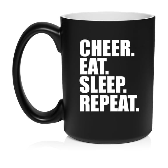 Cheer Eat Sleep Repeat Cheerleader Ceramic Coffee Mug Tea Cup Gift for Her, Him, Friend, Coworker, Wife, Husband (15oz Matte Black)
