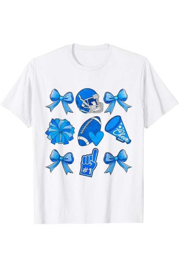 Cheer Football Coquette Bow Game Day Cheerleader Blue T-Shirt